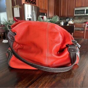 Vera Pelle Vibrant Orange Shoulder Bag with Brown Trim